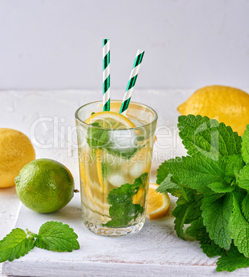 refreshing drink lemonade with lemons, mint leaves, lime in a gl
