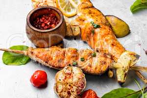 Grilled salmon on skewer