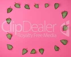 fresh green leaves on a pink background