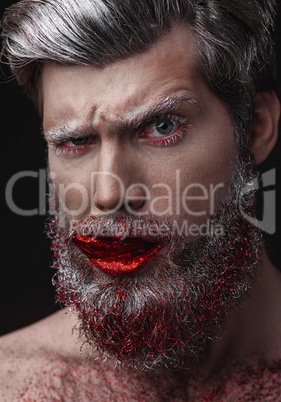 Glamour man with red lips and tongue