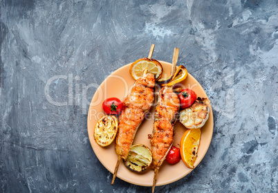 Salmon kebab on a plate