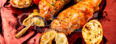 Grilled salmon closeup with lemon
