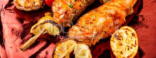 Grilled salmon closeup with lemon