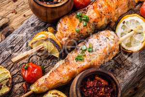 Grilled salmon on skewer