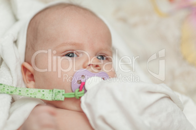 A portrait of a baby boy with a baby dummy