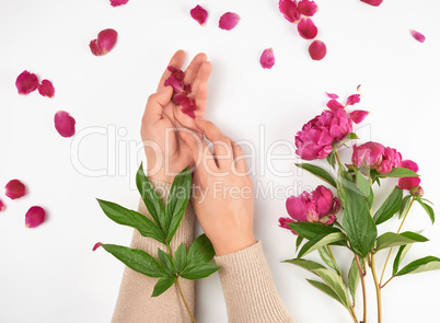 two hands of a young girl with smooth skin and a bouquet of red