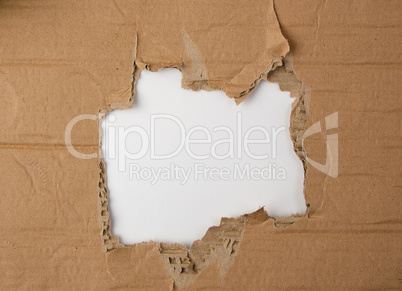 round torn hole in brown paper, white background