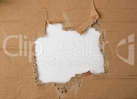 round torn hole in brown paper, white background