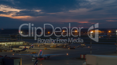 Busy Terminal D in Sheremetyevo Airport at night Moscow, Russia