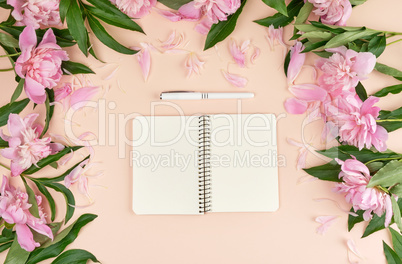 open spiral notebook with blank pages and a white pen on a peach