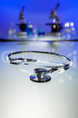 Stethoscope and Microscopes in a Medical Research Lab or Laborat
