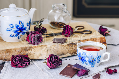 Cup of tea with chocolate