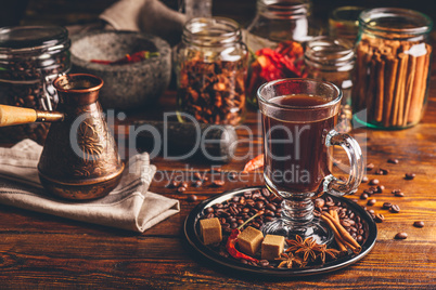 Cup of Coffee with Cezve and Different Spices.