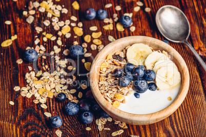 Bowl of Granola, Banana, Blueberry and Yoghurt.