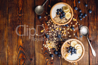 Two Bowl of with Granola, Banana and Blueberry.