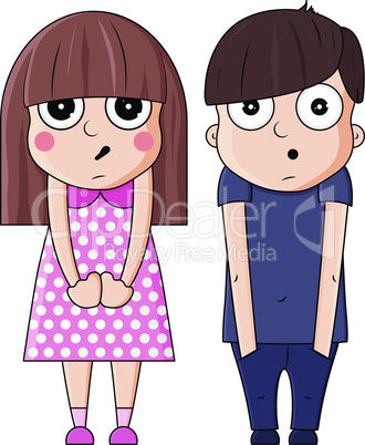 Cute cartoon boy and girl with surprised emotions. Vector illustration