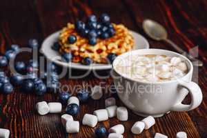 Hot Chocolate and Waffles with Blueberry.