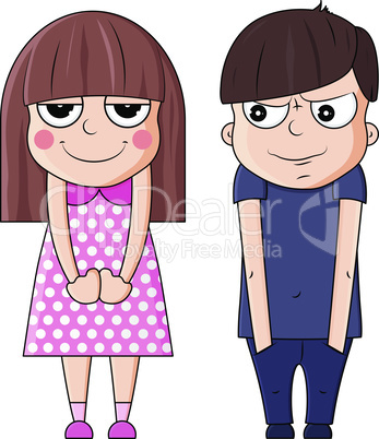Cute cartoon boy and girl with smug expressions. Vector illustration
