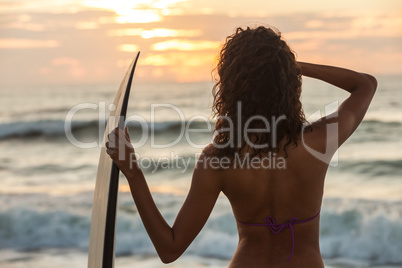 Woman Bikini Surfer & Surfboard Sunset Beach