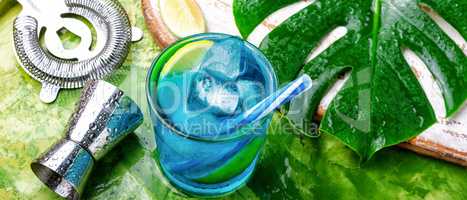 Blue cocktail with ice.Alcohol drink
