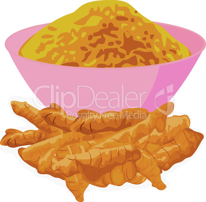 Turmeric roots and powder in a bowl on a white background