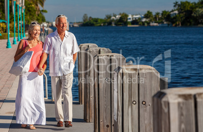 Happy Senior Man Woman Couple Walking Tropical Sea or River