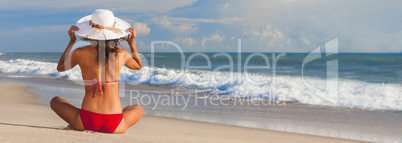 Panorama Banner Beautiful Woman At Beach in Hat and Bikini