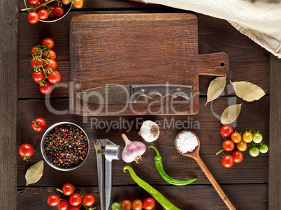 old brown empty kitchen cutting and fresh red cherry tomatoes wi