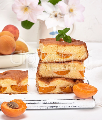 baked square pieces of cake sponges with fresh apricots