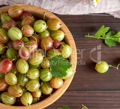 round wooden bowl with green and yellow gooseberries,