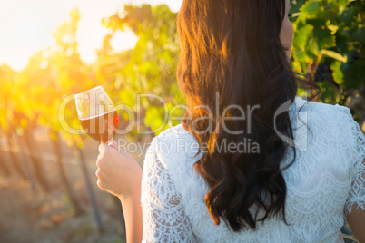 Young Adult Woman Enjoying Glass of Wine Beautiful Young Adult Woman Admiring Grapes Walking in the Vineyard