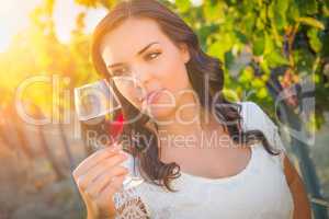 Beautiful Young Adult Woman Inspects Glass of Wine In The Vineyard