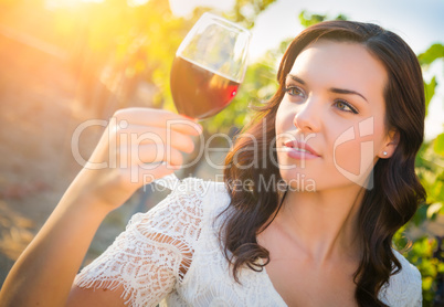 Beautiful Young Adult Woman Inspects Glass of Wine n The Vineyard