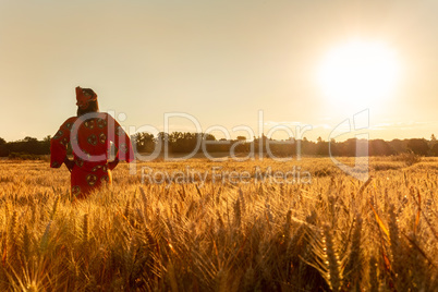 African woman in traditional clothes walking in a field of crops
