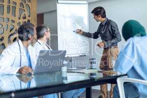 Male doctor explaining over flip chart in meeting at hospital