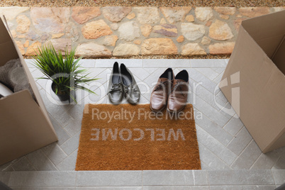 Footwear, cardboard boxes and plant near welcome doormat