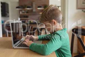 Cute boy using laptop at dining table in a comfortable home