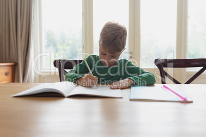 Cute boy doing homework at dining table in a comfortable home