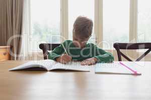 Cute boy doing homework at dining table in a comfortable home