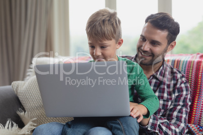 Father and son using laptop on sofa in a comfortable home