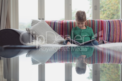 Cute boy reading a book on sofa in a comfortable home