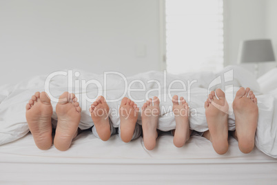 Family feet under blanket in bed in bedroom