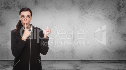 Young Adult Woman Looking To the Side Standing In Front of Blank Wall