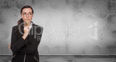 Young Adult Woman with Pencil and Glasses Standing by Blank Wall