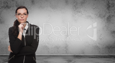 Young Adult Woman with Pencil and Glasses Standing by Blank Wall