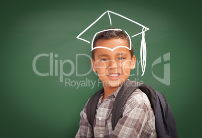 Young Hispanic Student Boy Wearing Backpack Front Of Chalk Board