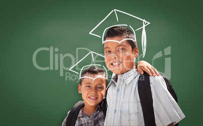 Young Hispanic Student Boys Wearing Backpack Front Of Chalk Board