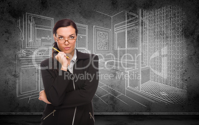 Young Adult Woman with Pencil In Front of Bathroom Design Drawing