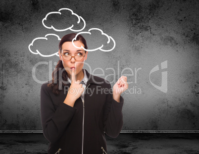 Clouds Drawn Around Head of Young Adult Woman by Blackboard