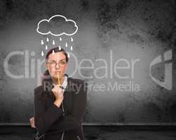 Rain and Cloud Drawn Above Head of Young Adult Woman With Pencil